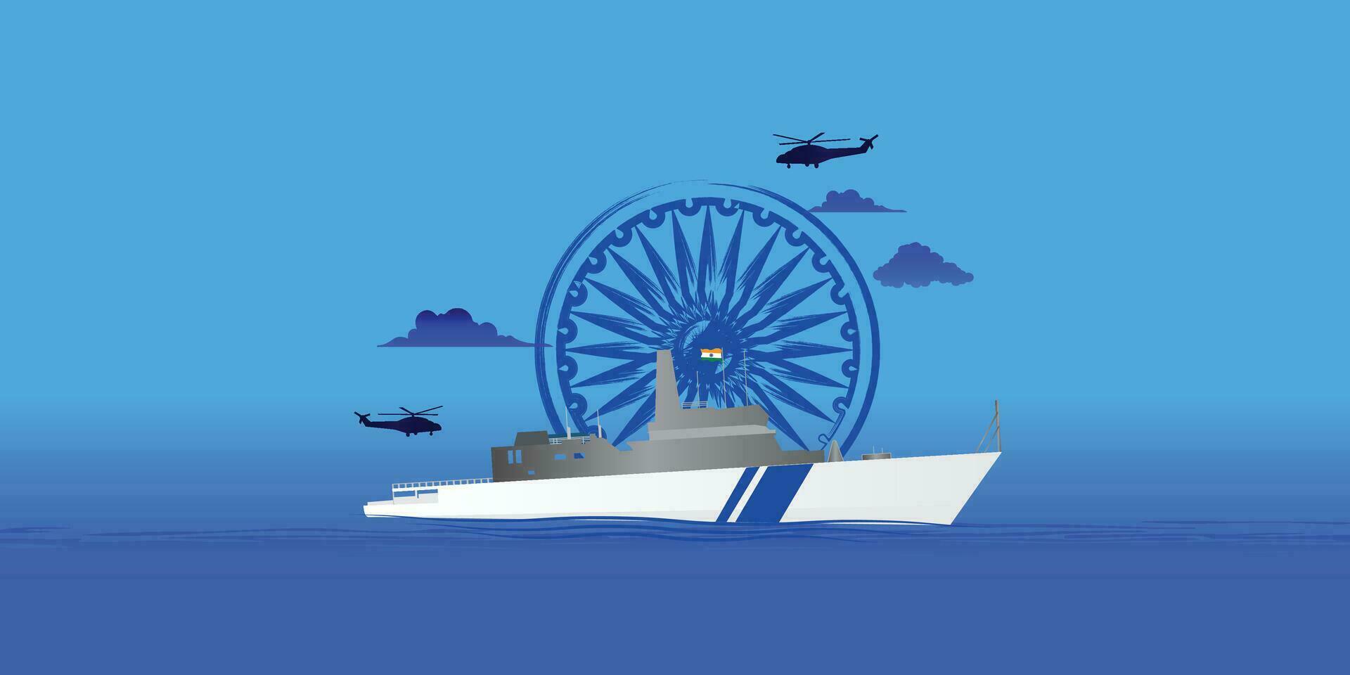 indisch Küste bewachen Tag ist beobachtete auf 1 Februar jeder Jahr zu Ehre das wichtig Rolle Das das Organisation Theaterstücke editierbar Vektor Illustration, indisch Küste bewachen patrouillieren Überwachung Boote