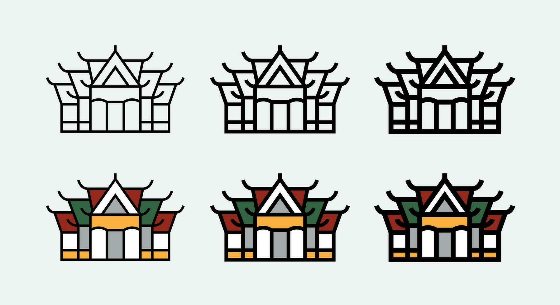 thai tempel buddhism linje ikon och fylld översikt vektor