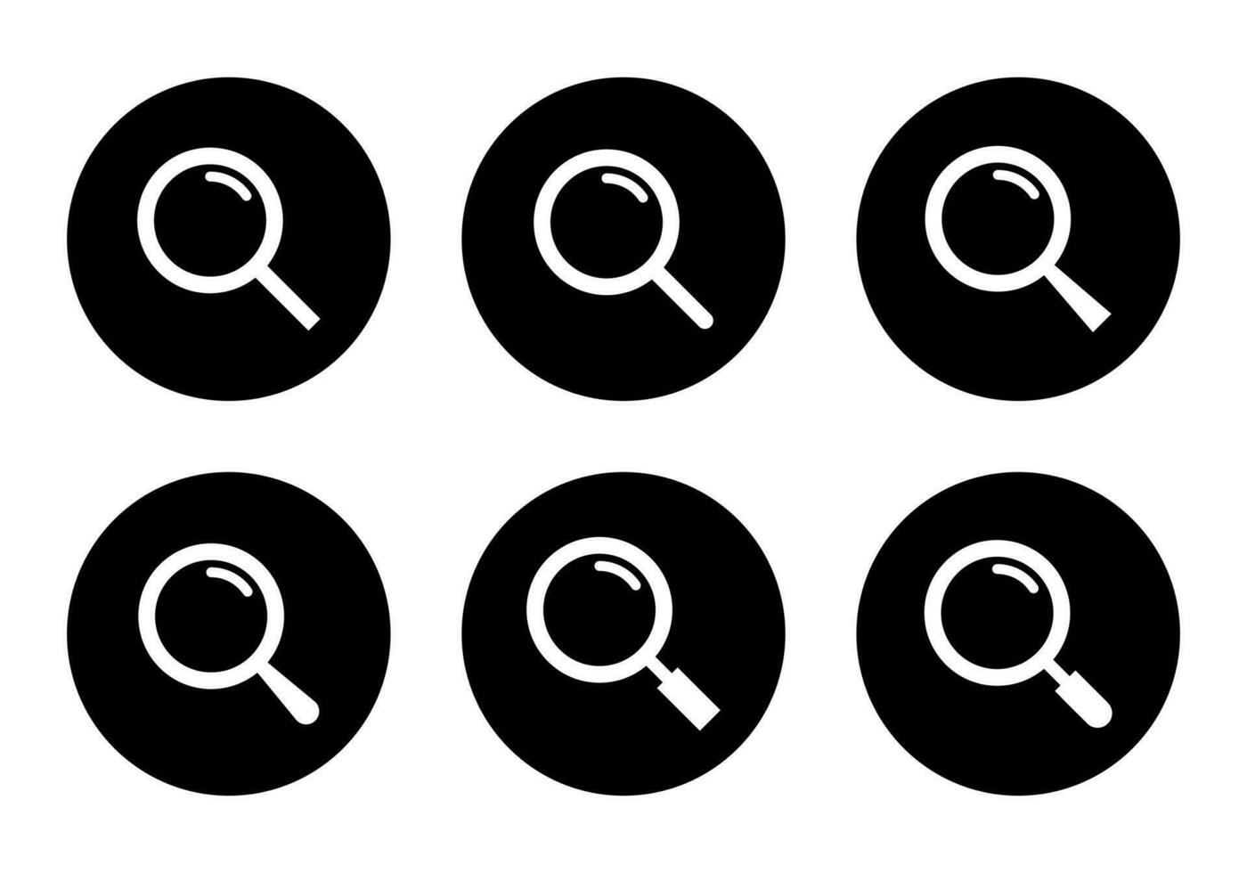Sök ikon uppsättning samling på svart cirkel. förstorande glas, hitta symbol vektor