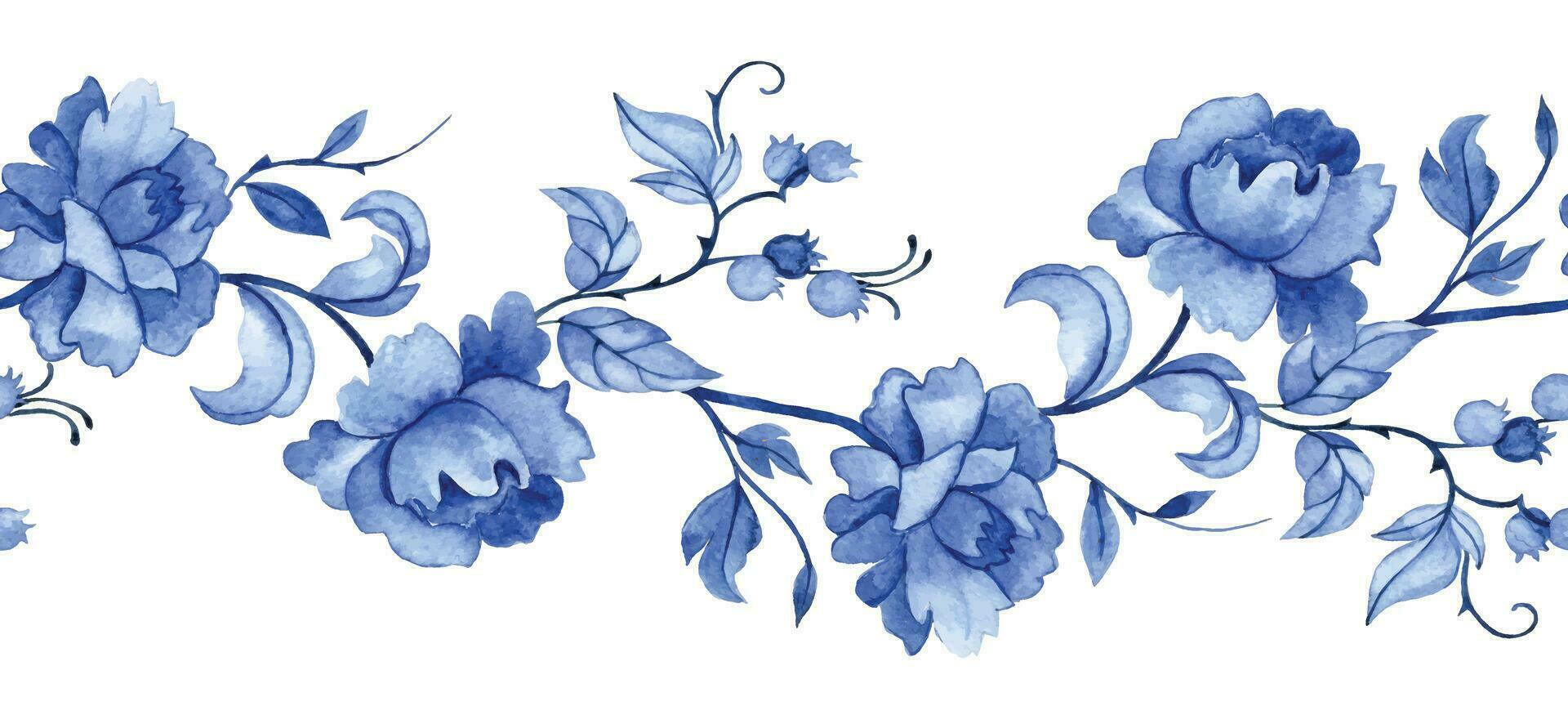 vattenfärg sömlös gräns av blå blommor. årgång skriva ut, ram. vektor