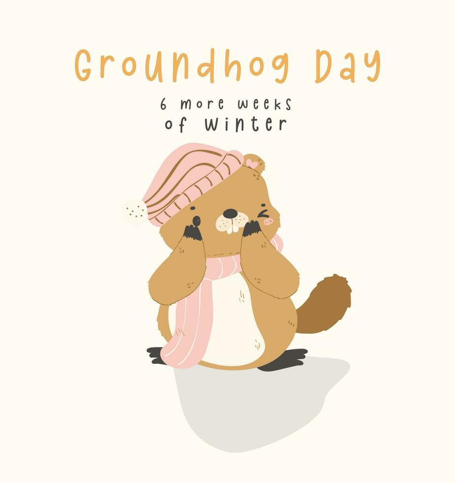 Lycklig groundhog dag med glad tecknad serie groundhog ser dess skugga, 6 Mer Veckor av vinter. vektor