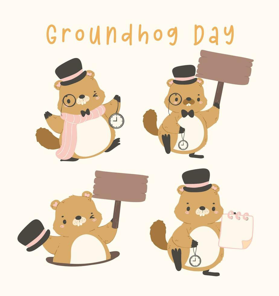 Lycklig groundhog dag med glad tecknad serie groundhog djur- samling. vektor