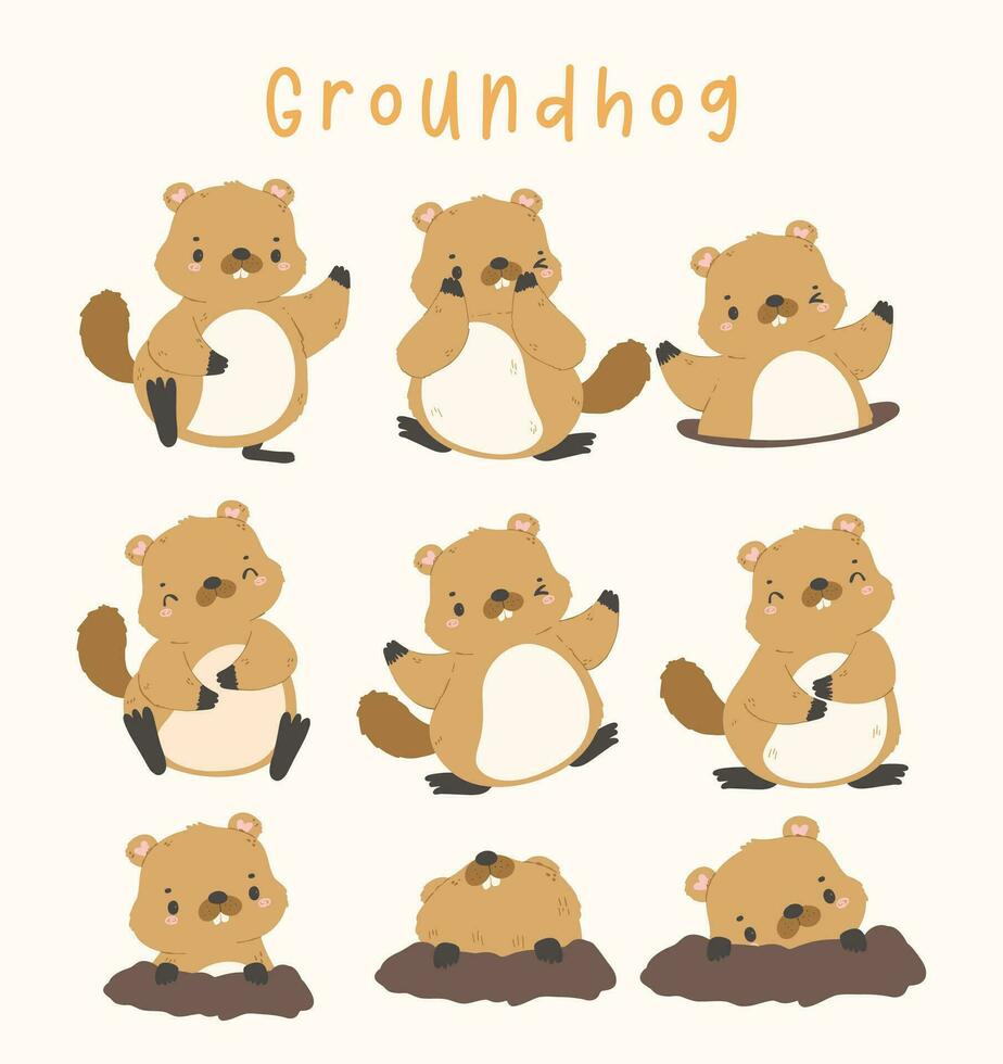 söt groundhog djur- uppsättning tecknad serie hand teckning, Lycklig groundhog dag samling. vektor