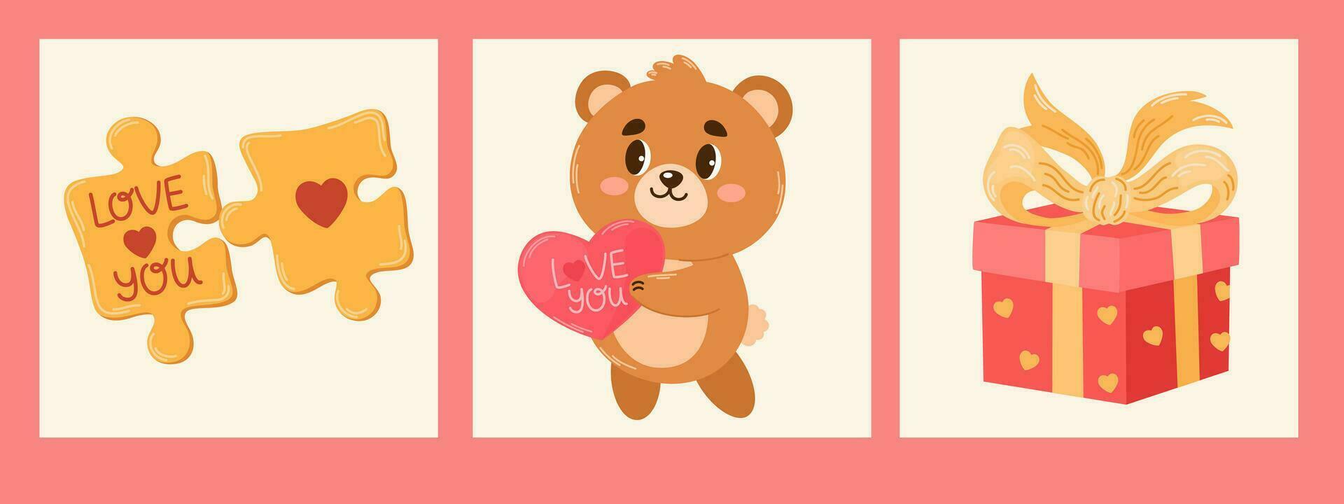 Valentinsgrüße Tag Karte Satz. Teddy tragen, Geschenk Kasten, Liebe Puzzle. zum Webseite Banner, Verkauf, Valentinstag Karte, Abdeckung, Flyer oder Poster modisch Vektor Illustration