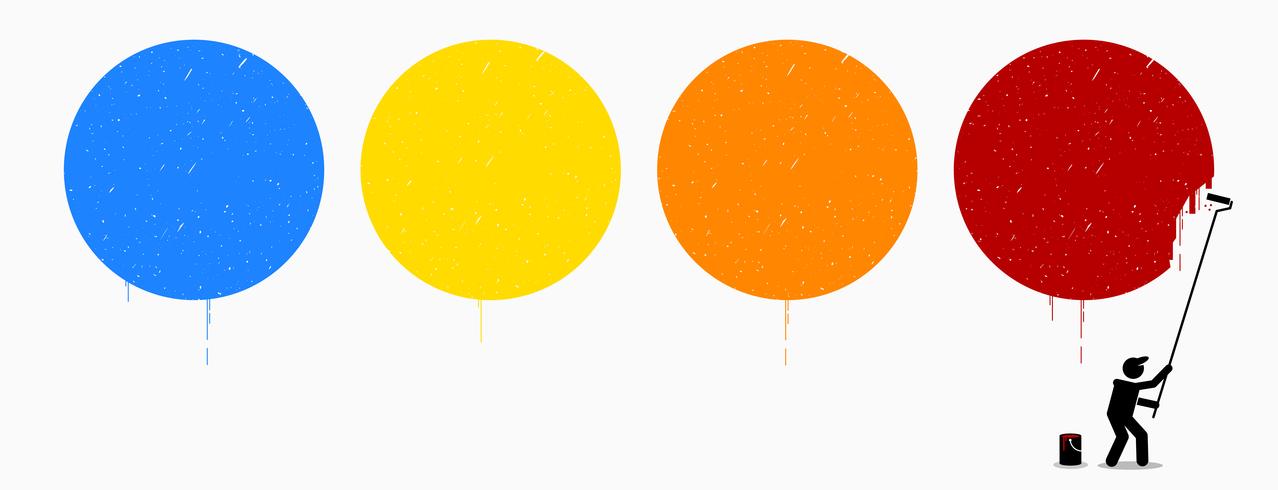 Målare målar fyra tomma cirklar på väggen med olika färger av blå, gul, orange och röd. vektor