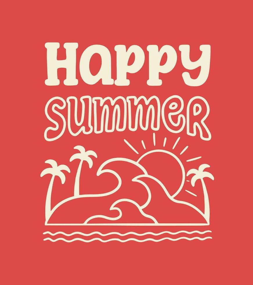 glücklich Sommer- mit das Welle und Palme Kokosnuss Design um Grafik Vektor Illustration