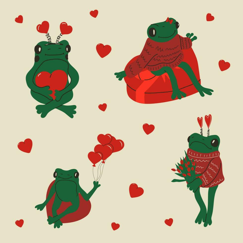 uppsättning av söt groda med valentines dekorationer. vektor illustration.