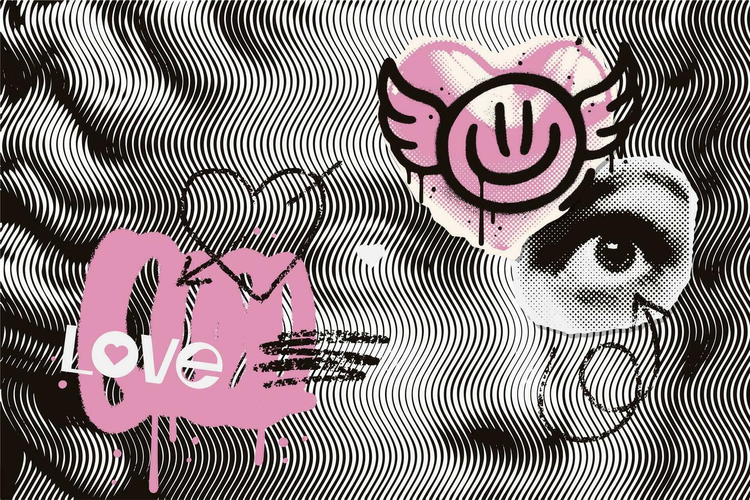 Halbton Collage mit Graffiti zeitgenössisch Punk Grunge Elemente. modern Poster mit Rau Straße Kunst und Bürste Schläge. städtisch Konzept von Beziehung, Liebe, Romantik, Valentinstag Tag. Vektor