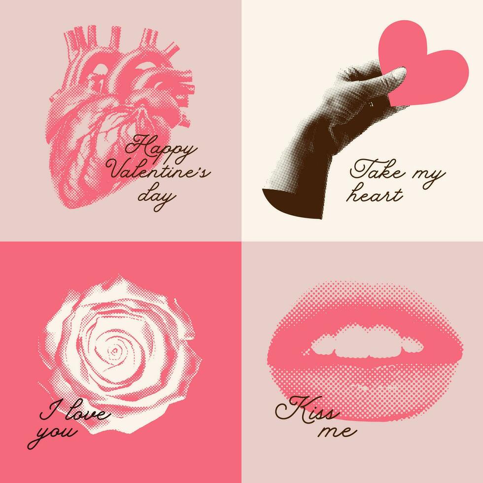 Halbton Collage Valentinstag Tag einstellen mit Gruß Texte. Mensch Herz, Rose, Mund und Hand halten Herz gestalten Valentinstag Karte. modisch Vektor Illustration