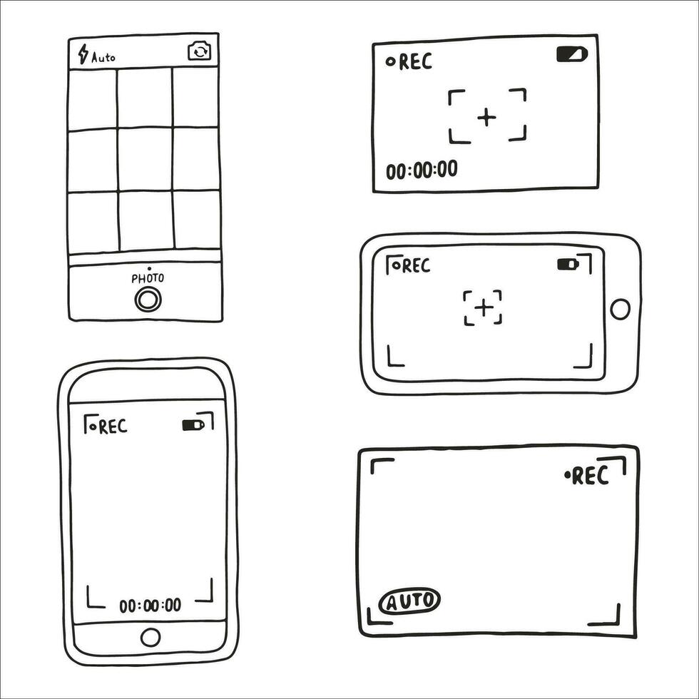 kamerasökarapplikationsgränssnitt på smartphone, skärm. filmläge. doodle stil skiss. vektor illustration.