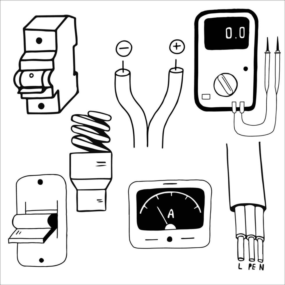 elektrisk enheter. amperemeter, voltmeter, krets brytare, fluorescerande lampa, elektrisk tråd. vektor illustration i klotter stil.