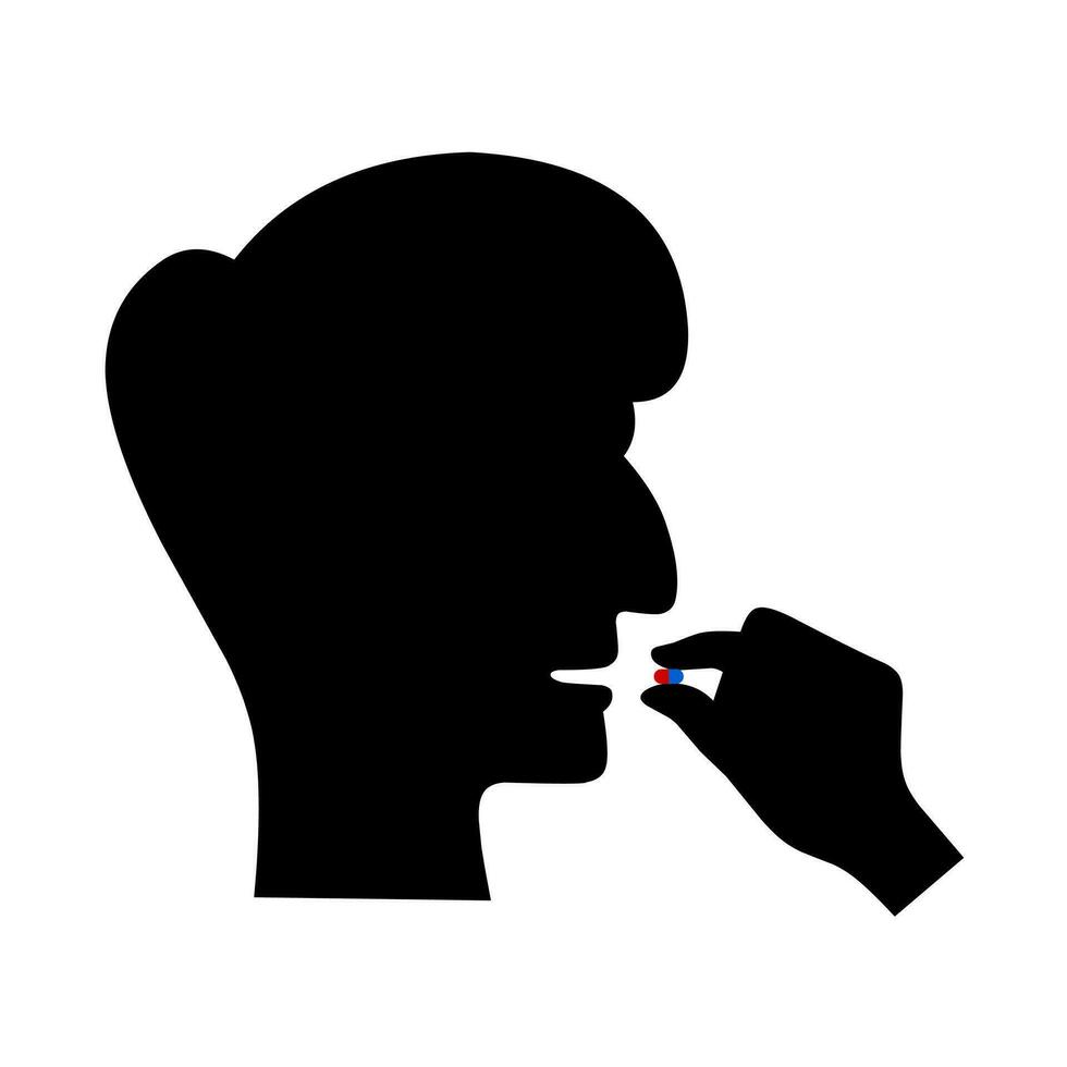 silhuett av tar medicin piller. huvud med öppen mun och hand innehav piller. isolerat på vit bakgrund. vektor illustration