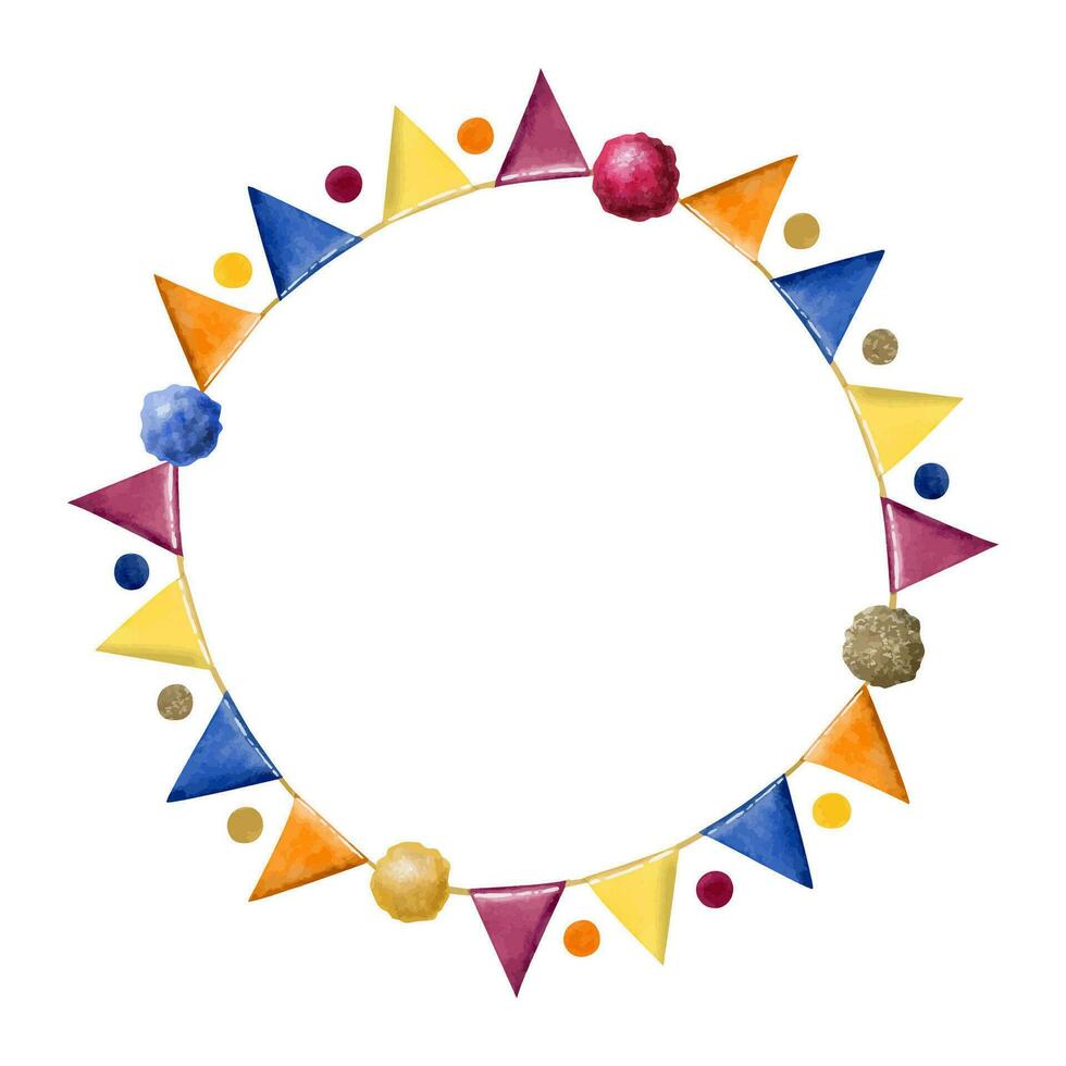 Aquarell Geburtstag Feier runden Rahmen mit Flaggen, Konfetti, Pompons im Gelb, Magenta Rot, Orange hell Farben vektor