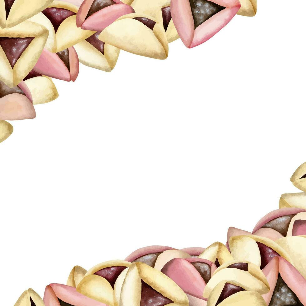 Lycklig purim hälsning ram med hamantaschen småkakor i koner för blogg, social media inlägg, vattenfärg vektor illustration