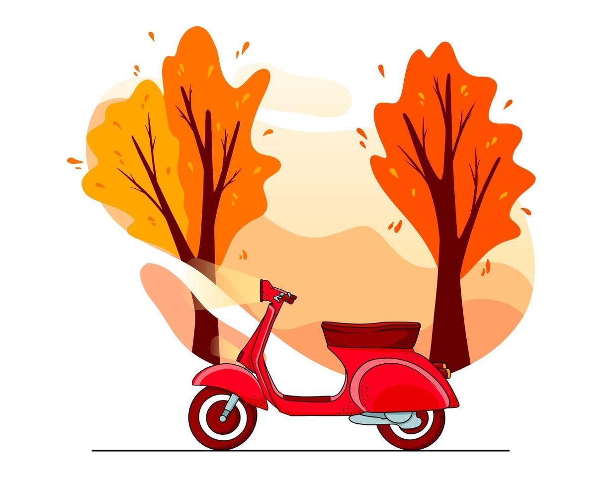 Herbst Hintergrund. Herbstparkbäume, roter Roller. Cartoon-Stil. vektor