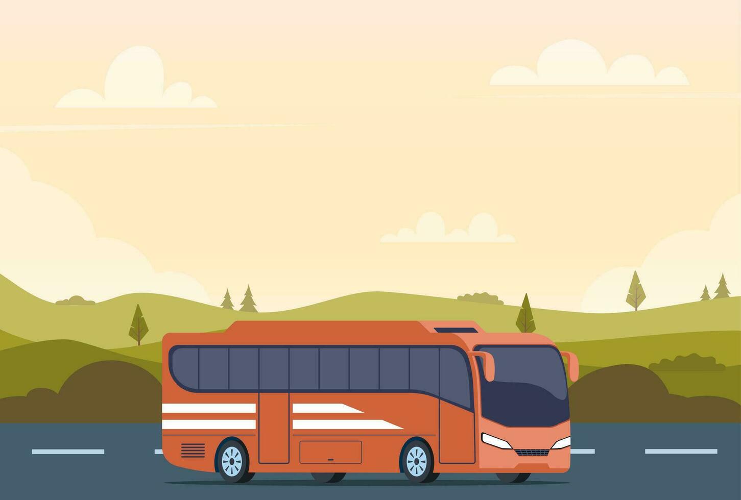 Reisen durch Bus. Tourist Busse Fahrt entlang Straße gegenüber Ausflug Abenteuer. Reise Agentur kommerziell Werbung, Sommer- Ferien Tourismus Hintergrund. Vektor Illustration.