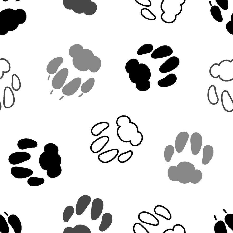 Katze Pfote druckt nahtlos Muster. katzenartig Fußabdrücke Spuren einfarbig Silhouetten auf Weiß Hintergrund vektor