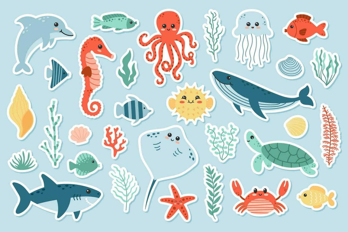 söt hav liv klistermärke uppsättning. haj, delfin, sjöhäst, sköldpadda, sjöstjärna, hav urchin, val, manet, fisk, bläckfisk, krabba. tecknad serie vektor illustration
