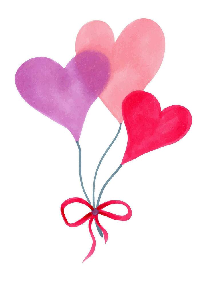 ein Strauß von Herzen auf ein Seil mit ein Bogen zum Valentinsgrüße Tag, Mütter Tag, Freunde, Freundinnen. Liebe Konzept. Hand gezeichnet Aquarell Illustration.rosa, rot, lila Herz zum Einladungen, Plakate. vektor