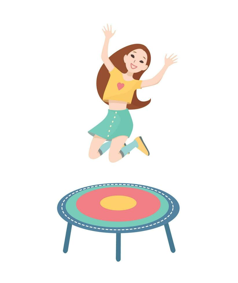 glücklich Mädchen Springen auf ein Trampolin. Vektor bunt Illustration auf Weiß Hintergrund.