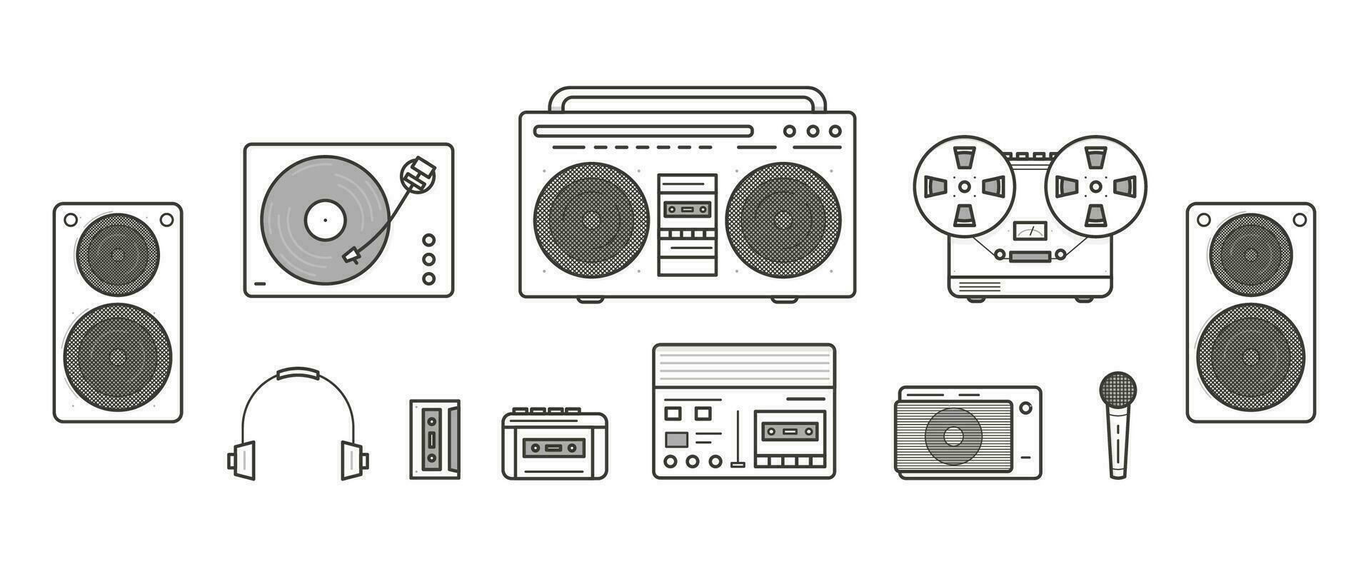 Klang Systeme retro Sammlung. tragbar Spieler, Kopfhörer, Kassette Spieler, Stereo System, Lautsprecher, Aufzeichnung Spieler, Band Recorder, Mikrofon, Radio, Vinyl Spieler. Kontur Vektor Linie Kunst Illustration einstellen