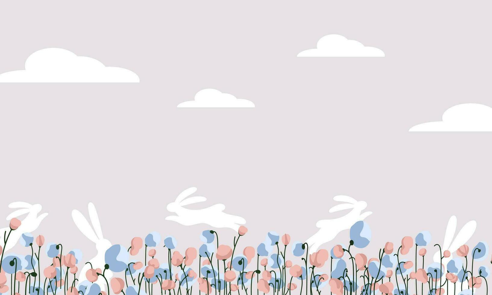 Ostern Hintergrund mit Frühling Blumen, Silhouetten von Kaninchen und Wolken. Frühling und Ostern Hintergrund mit ein Platz zum Text vektor