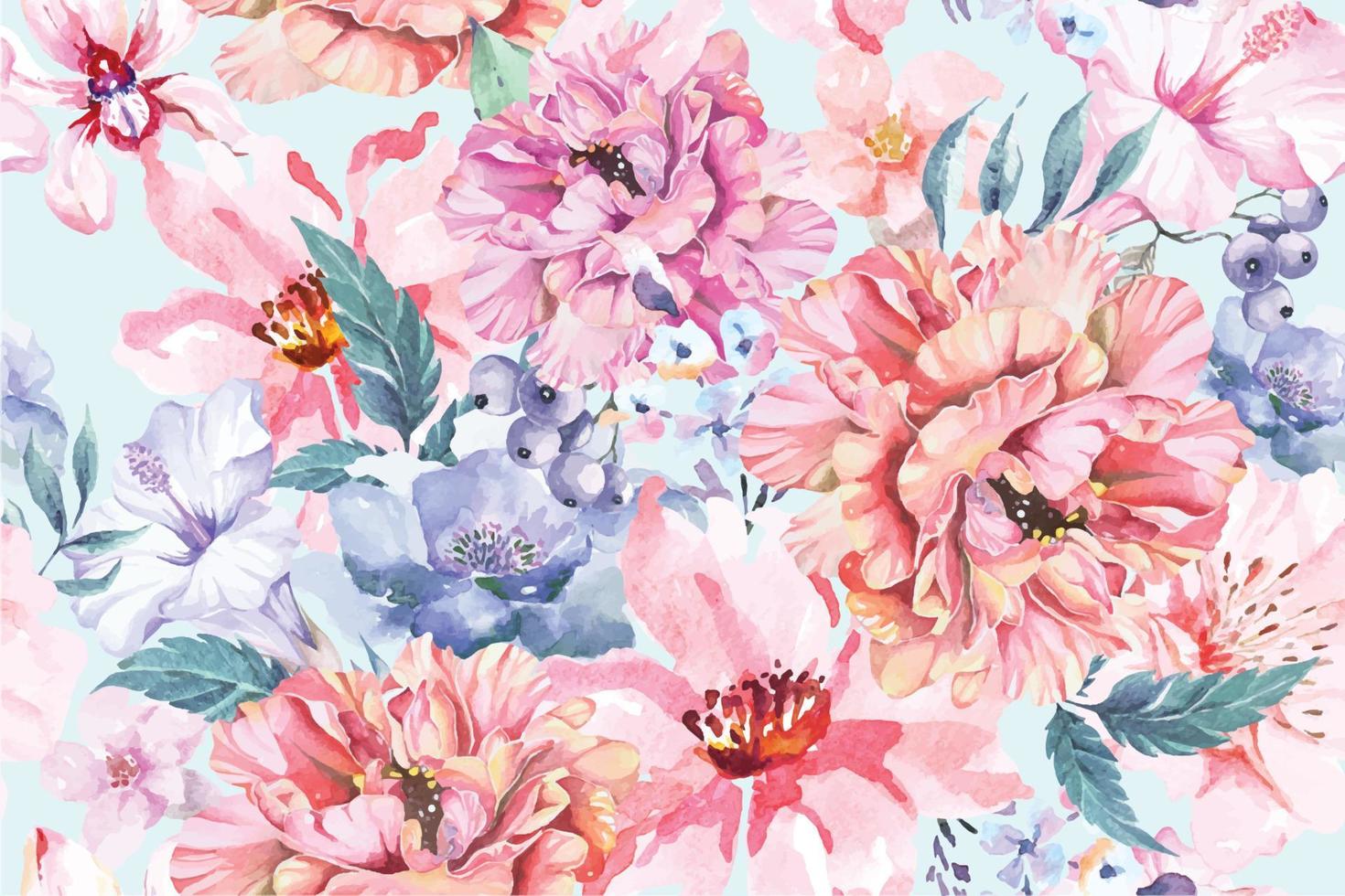 sömlösa mönster av ros, pion och blommande blommor med akvarell på pastellfärger. designat för lyxigt tyg och tapeter, vintage stil. handritad blommönster illustration. vektor