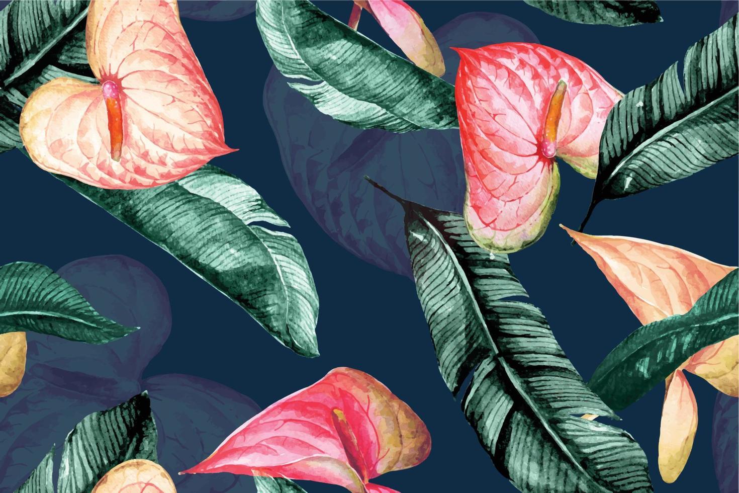 nahtloses Muster von Anthurium in Aquarell gemalt. Entworfen für Stoff luxuriös und Tapete, Vintage-Stil. Handgezeichnetes botanisches Blumenmuster. Wilder Blumenmusterhintergrund für den Sommer. vektor