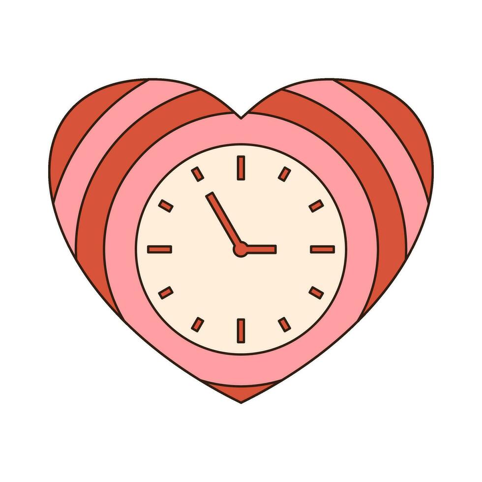 Herz Uhr groovig retro Symbol retro Karikatur Valentinsgrüße Tag Element im modisch retro 60er Jahre 70er Jahre Stil. Vektor Illustration.