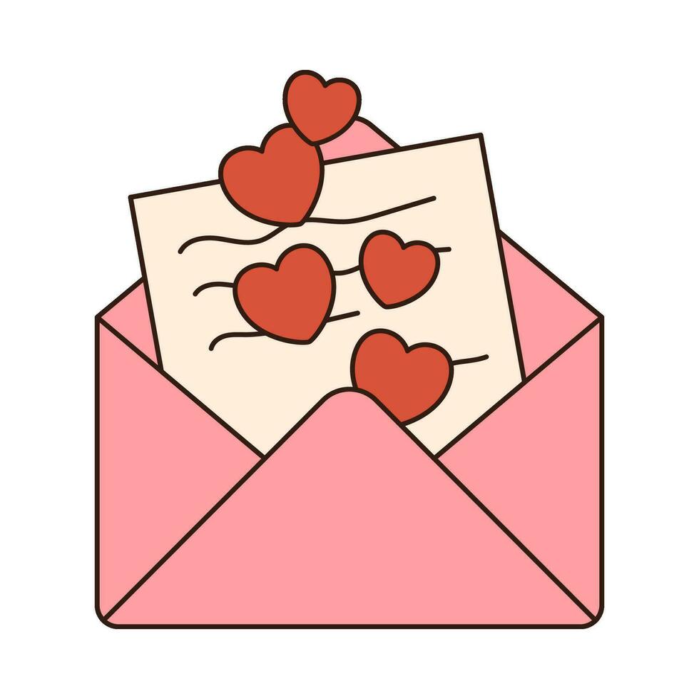 häftig kärlek brev kuvert retro ikon retro tecknad serie valentines dag element i trendig retro 60s 70s stil. vektor illustration.
