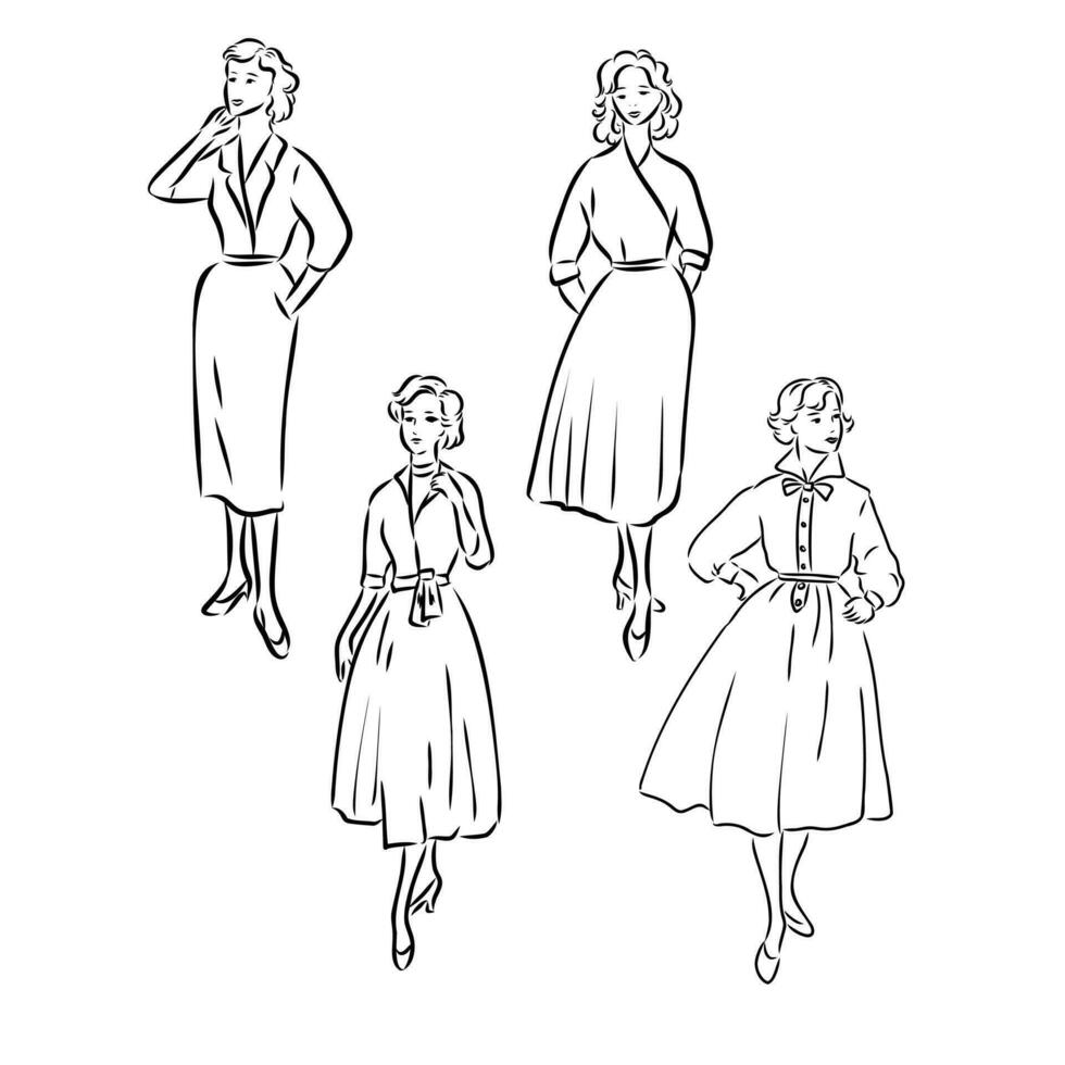 kvinnors retro mode vektor skiss