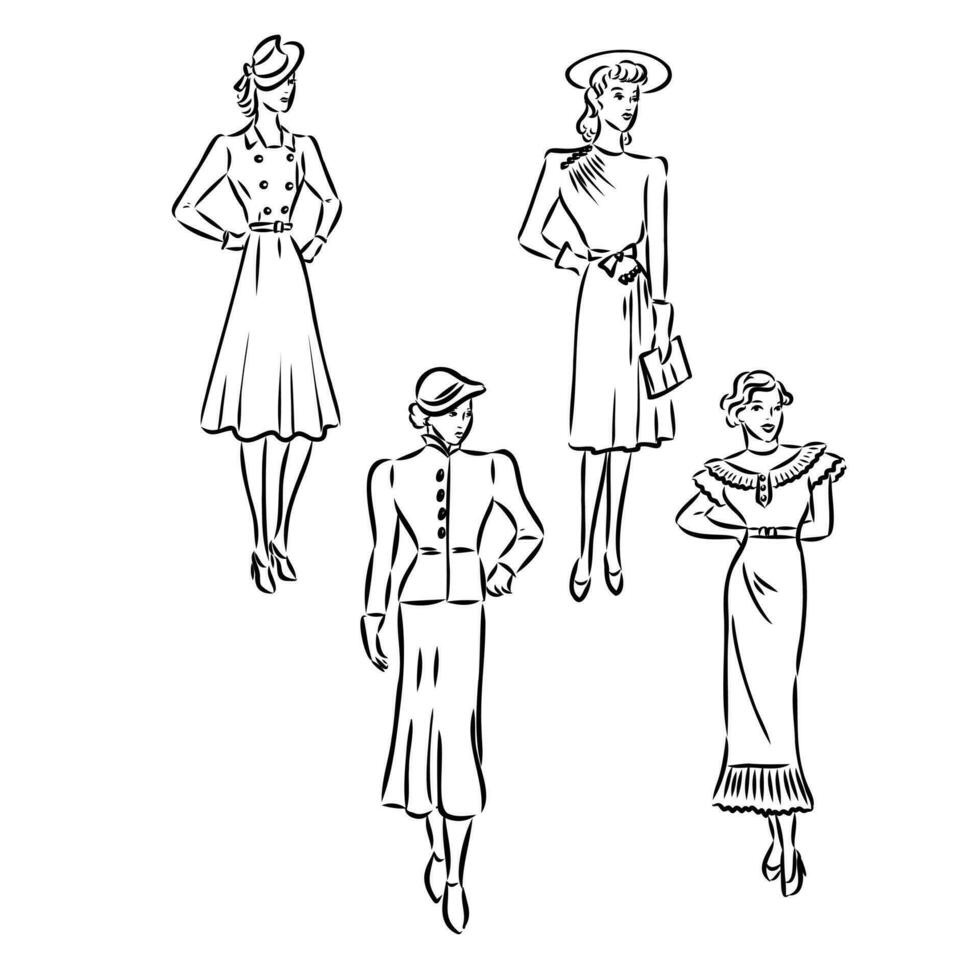kvinnors retro mode vektor skiss