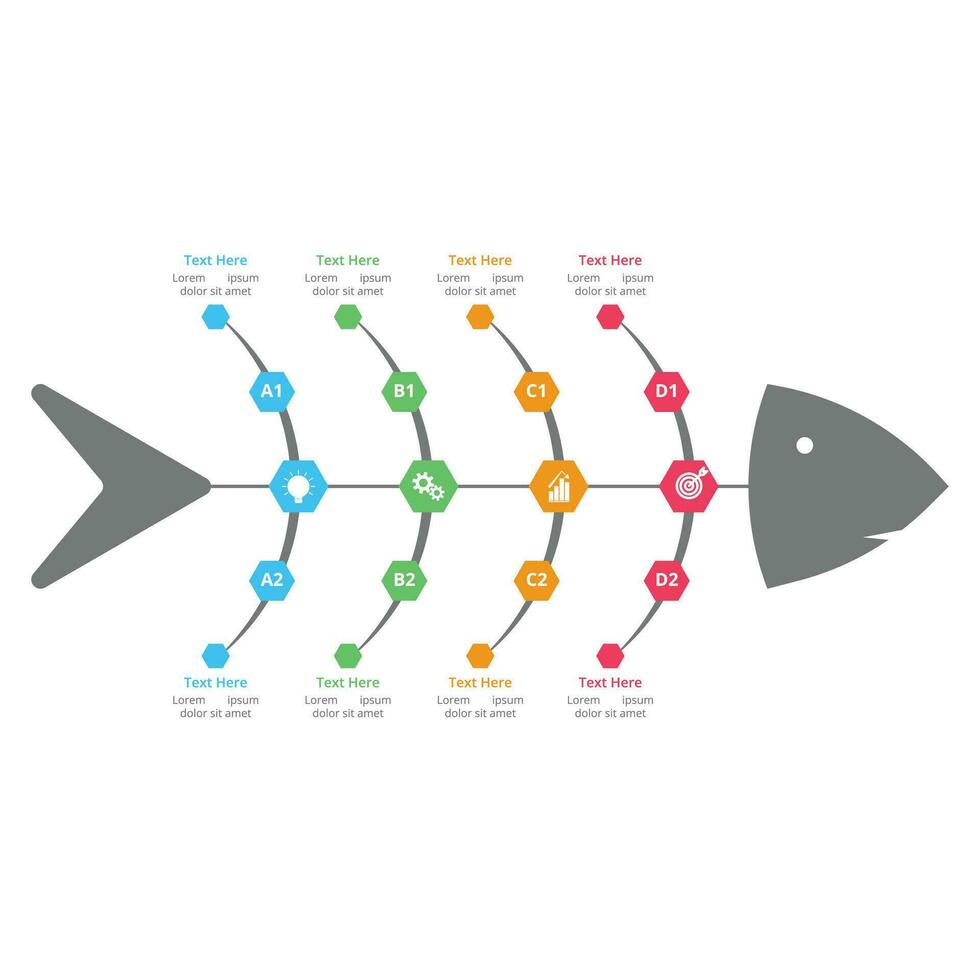 kreativ företag planen och projekt strategi infographic vektor. färgrik fiskben infographic design med annorlunda ikoner och steg sektioner. modern fiskben infographic vektor för kontor presentation.