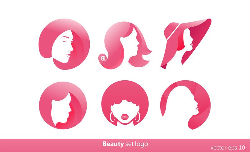 Set med 6 rosa logotyper för skönhetssalonger, frisörer. Stylists gradient logotyp. Vektor platt ilustration