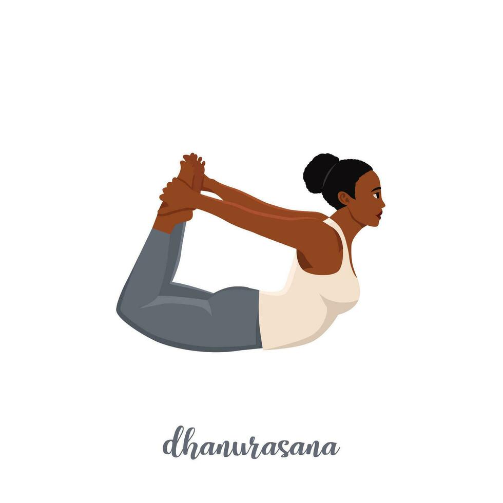 kvinna håller på med yoga pose, dhanurasana rosett utgör asana i hatha yoga. vektor