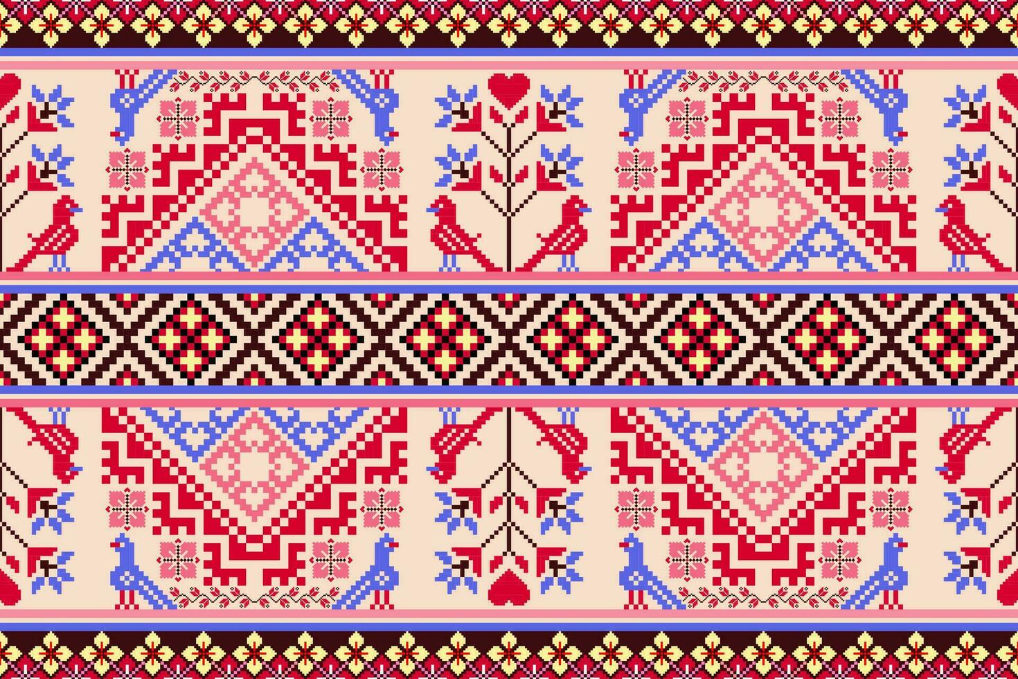 ethnisch Vögel und Blumen- Pixel Kunst nahtlos Muster. Vektor Design zum Stoff, Teppich, Fliese, Stickerei, Verpackung, Hintergrund, und Hintergrund