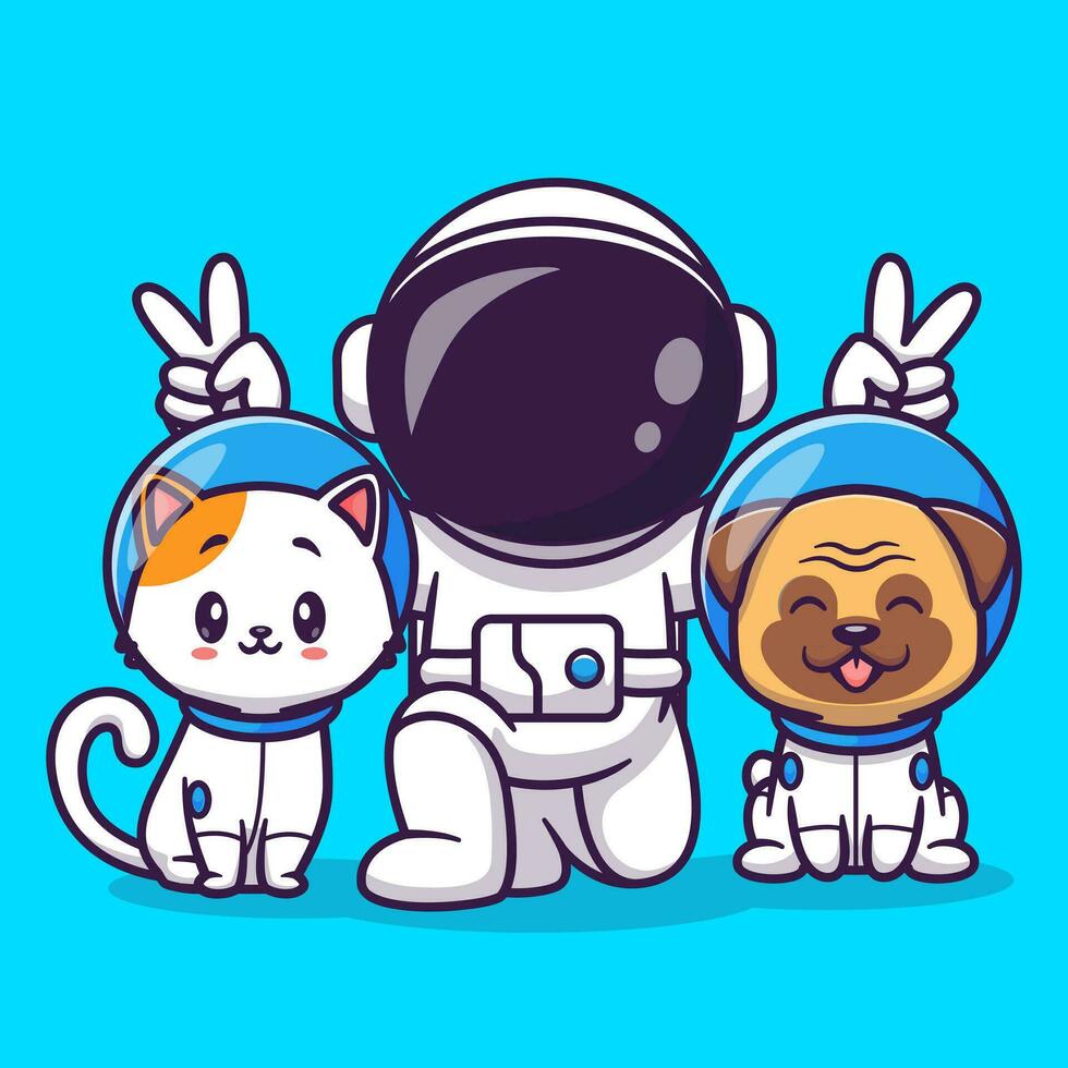 söt astronaut med katt och mops hund tecknad serie vektor ikon illustration. vetenskap djur- ikon begrepp isolerat premie vektor. platt tecknad serie stil