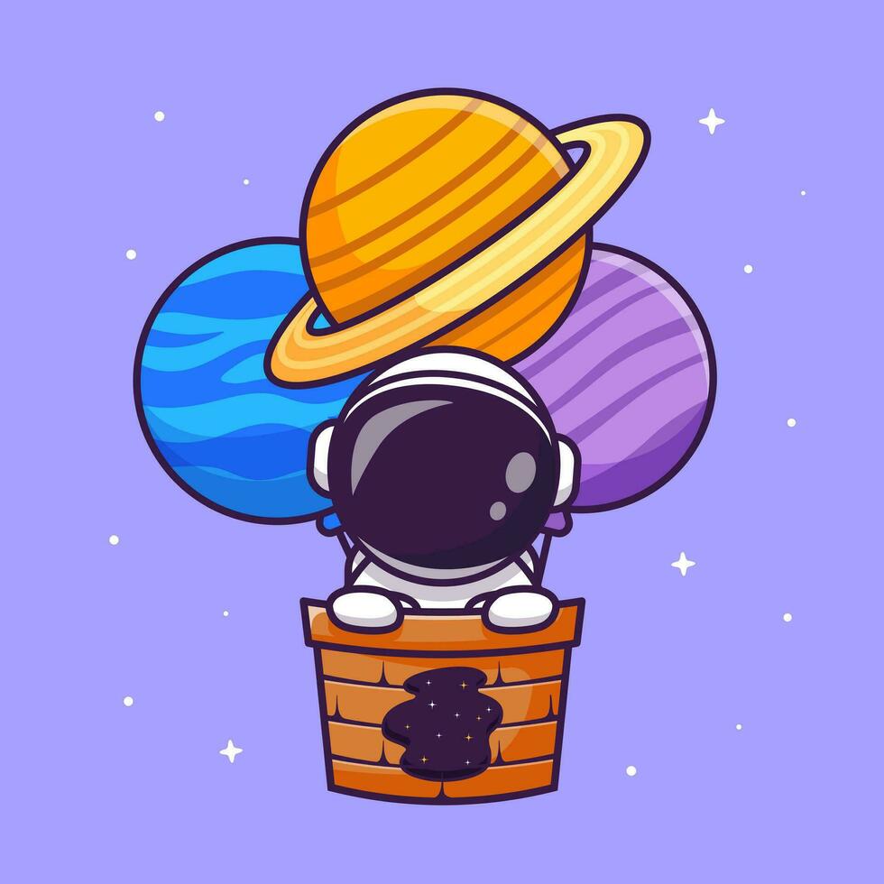 süß Astronaut schwebend mit heiß Luft Ballon Planet Karikatur Vektor Symbol Illustration. Wissenschaft Technologie Symbol Konzept isoliert Prämie Vektor. eben Karikatur Stil