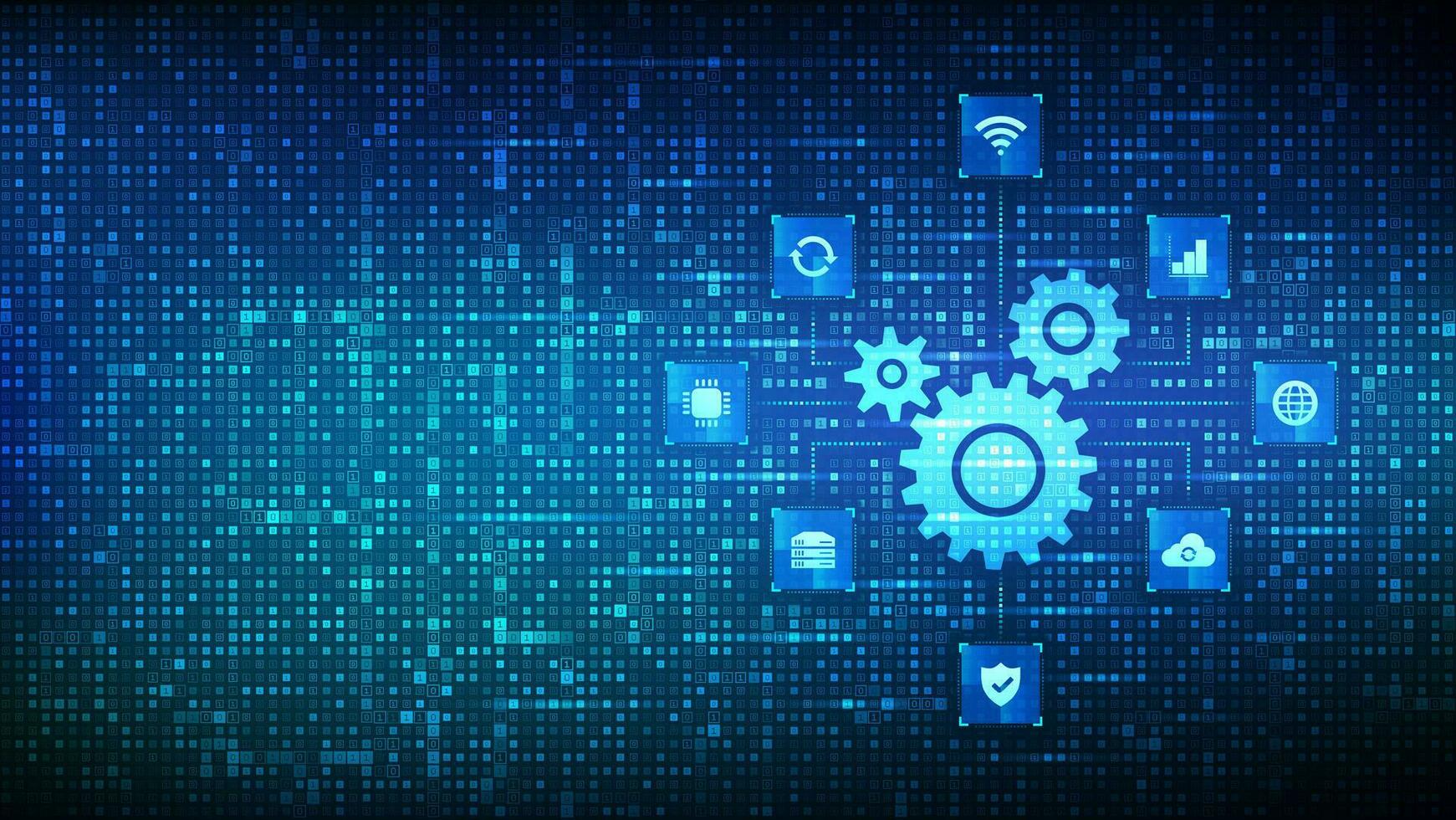 automatisering programvara. kugghjul ikon tillverkad med binär koda. iot och automatisering ikoner anslutningar. digital binär data och strömning digital koda. matris bakgrund med siffror 1.0. vektor illustration.