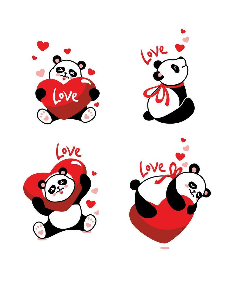 söt panda lyckönskningar du en Lycklig hjärtans dag. uppsättning av illustrationer. hälsning kort. vektor. vektor