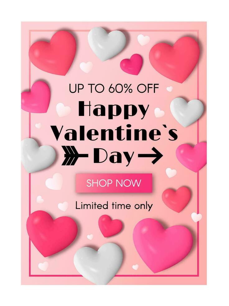 glücklich Valentinstag Tag Poster mit 3d Herzen. Verkauf Förderung. Vektor modern Illustration