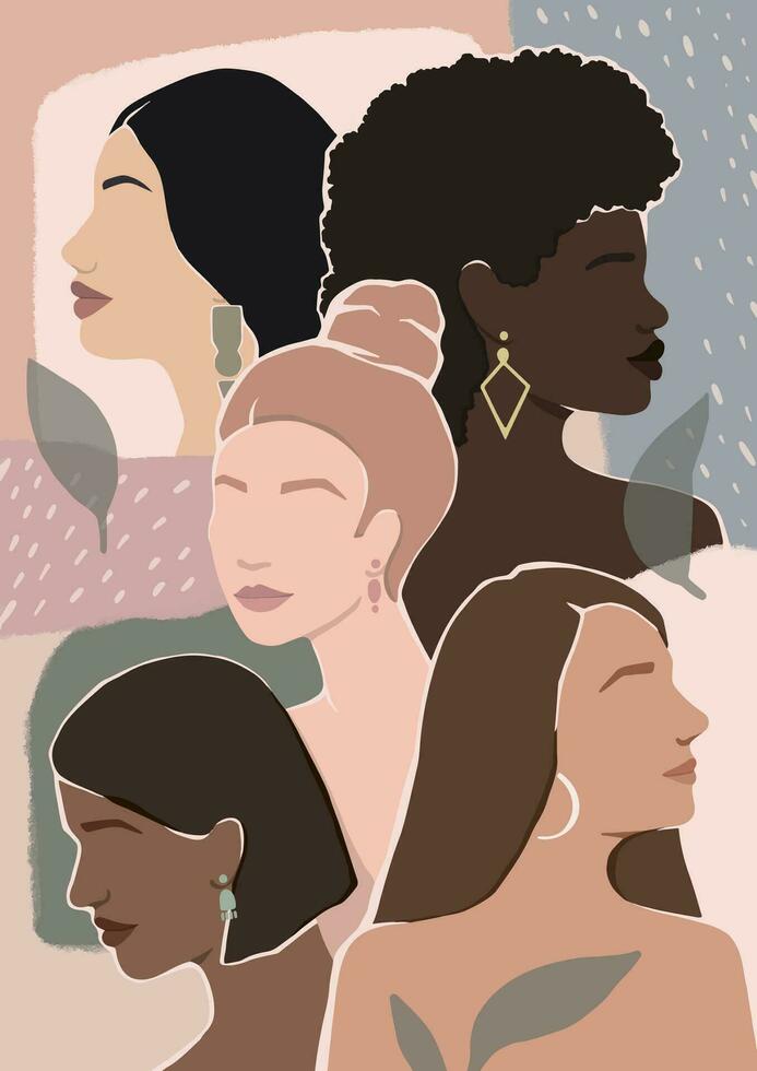 Damen anders Gesichter von anders ethnisch Gruppen. Bewegung zu ermächtigen Frauen. International Damen Tag. Vektor eben Illustration