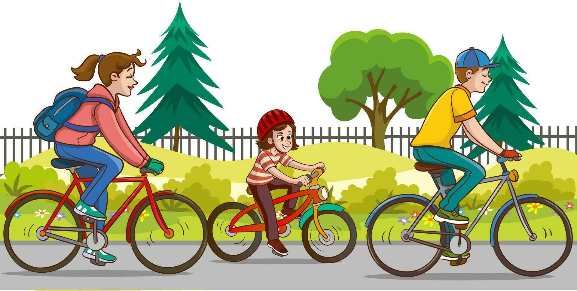 familj ridning cyklar i de parkera. vektor illustration i platt stil.