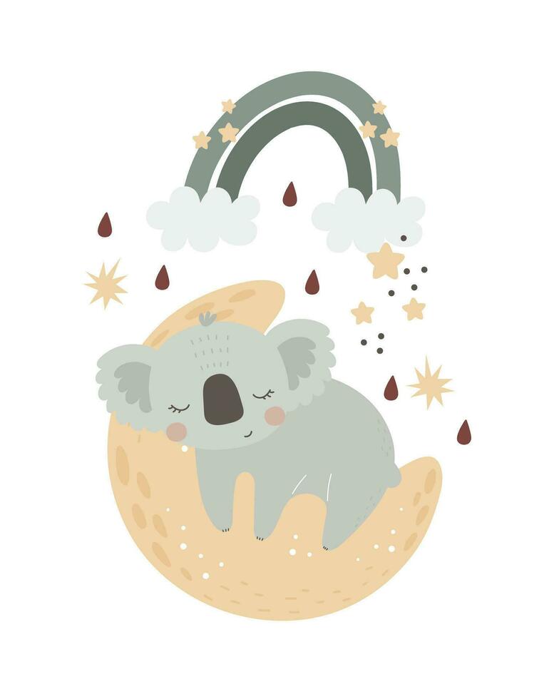Karikatur Koala, Mond, dekorativ Elemente. eben Stil, bunt Vektor zum Kinder. Baby Design zum Karten, Poster Dekoration, T-Shirt drucken