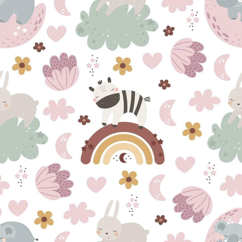 nahtlos Muster mit süß Zebra, Hase, Elefant, Dekor Elemente. einfach eben Vektor. Hand Zeichnung zum Kinder. Tier Thema. Baby Design zum Stoff, Textil, Verpackung, drucken. vektor