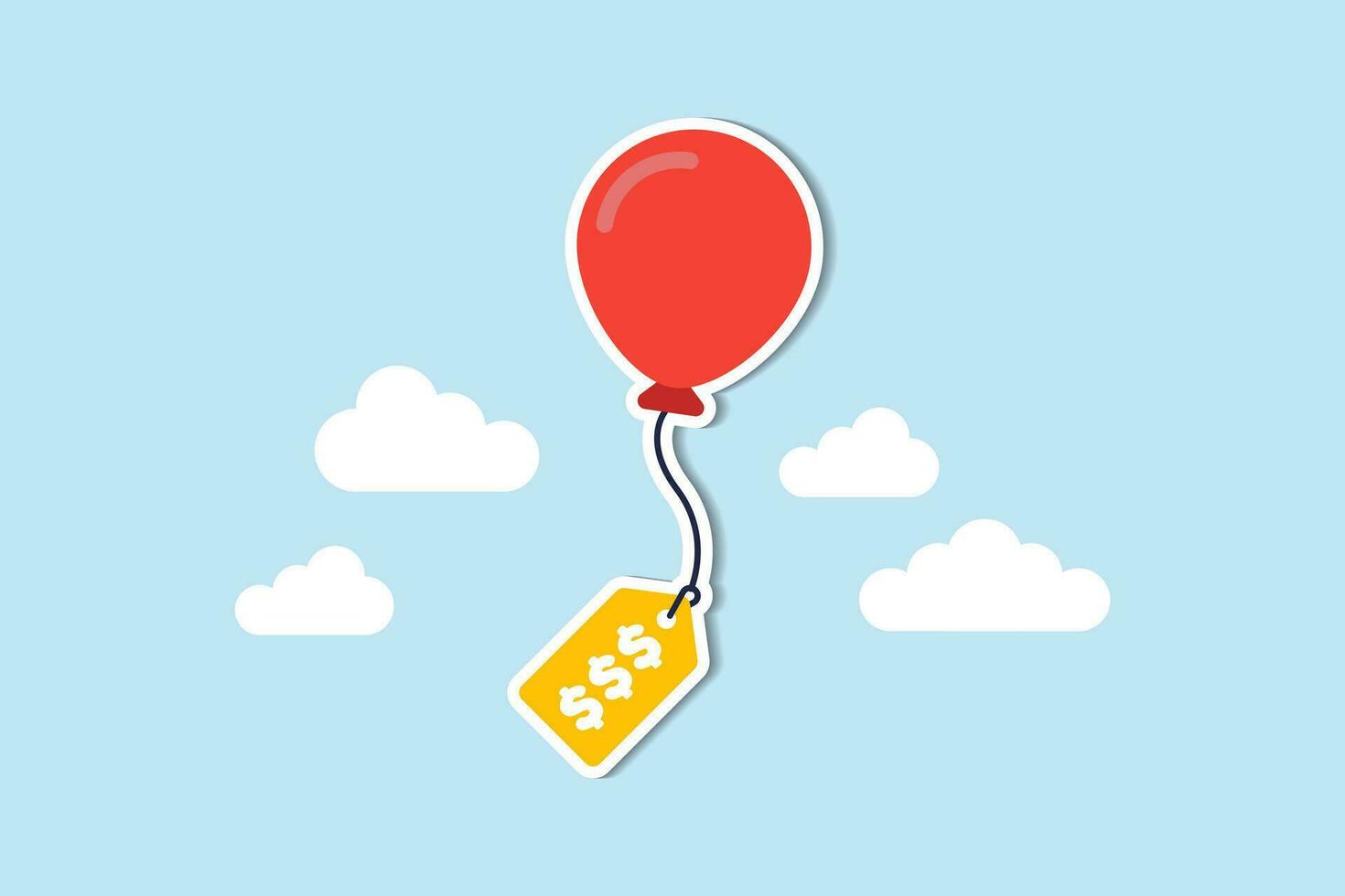 Inflation, die zu steigenden Preisen führt, überbewertete Aktien oder Fonds, Konzept zur Reduzierung der Kaufkraft der Verbraucher, Luftballon, der mit dem Preisschild des Produkts verbunden ist und hoch in den Himmel steigt. vektor