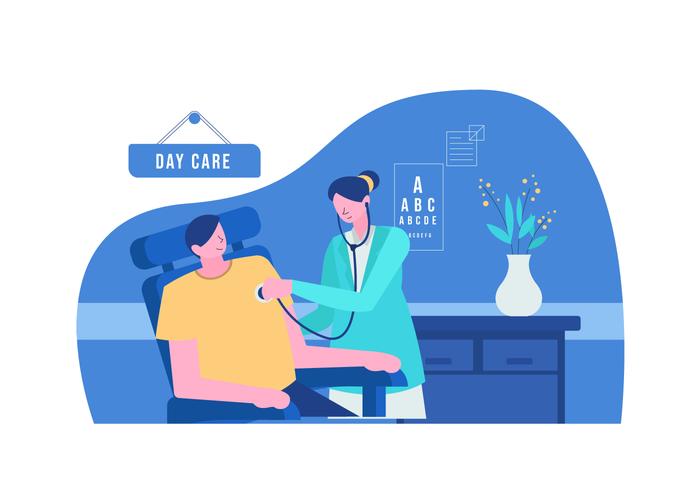 Läkare Kontrollera För Hälso- och sjukvård I Clinic Vector Flat Illustration