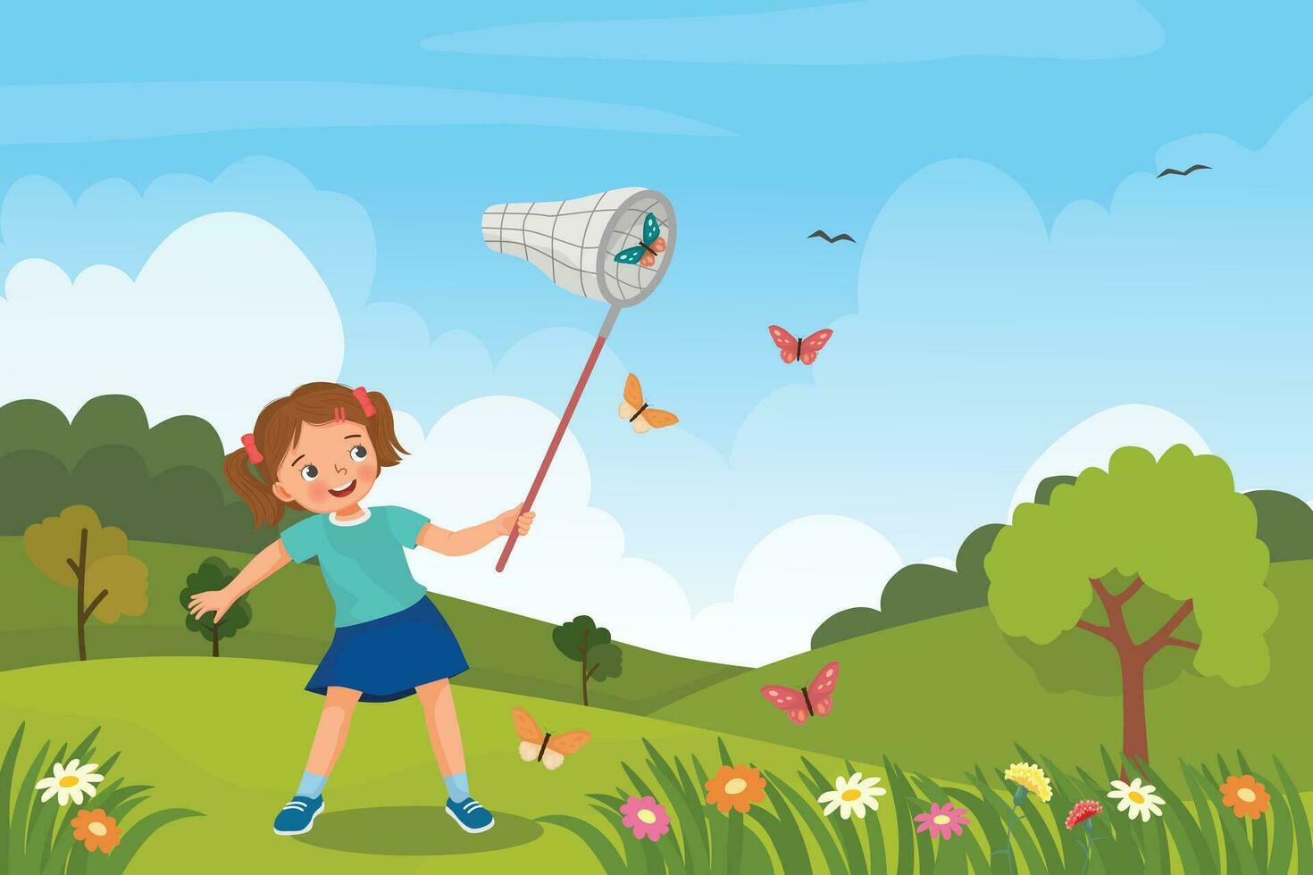 süß wenig Mädchen fangen Schmetterling mit Netz beim das Garten im das Frühling Jahreszeit vektor