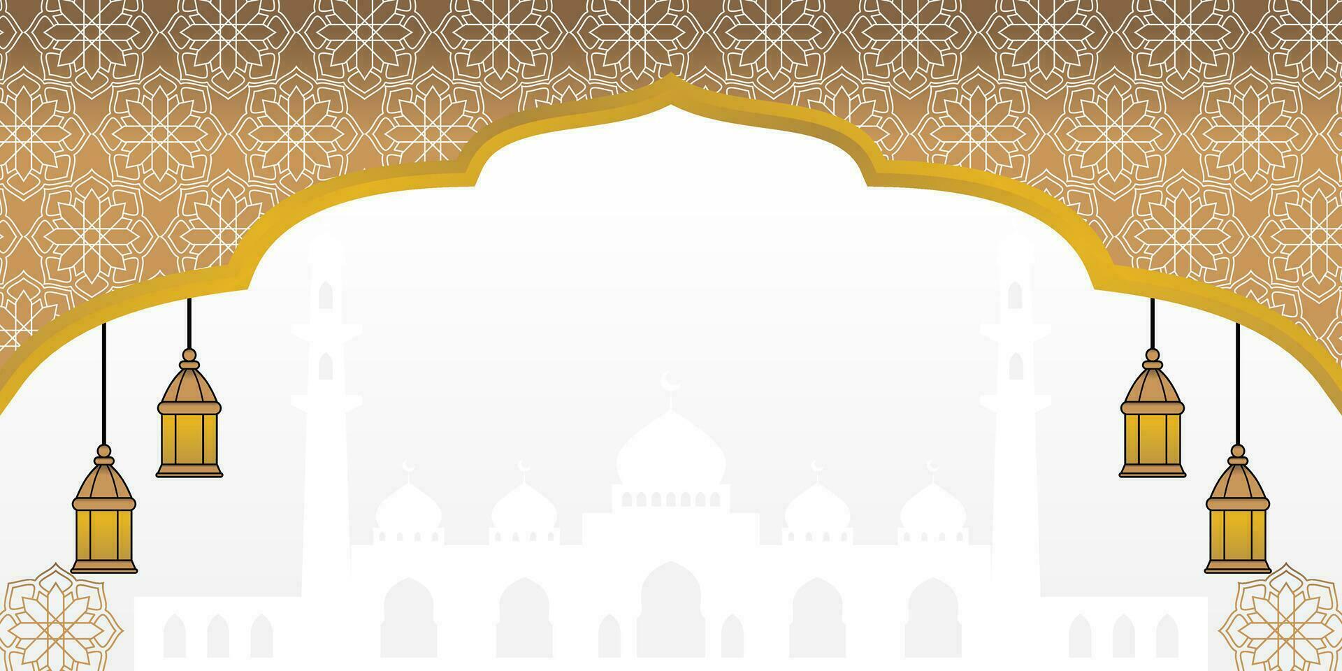 guld islamic bakgrund, med lykta prydnad, mandala och moské silhuett. vektor mall för baner, hälsning kort för islamic högtider, eid al-fitr, ramadan, eid al-adha