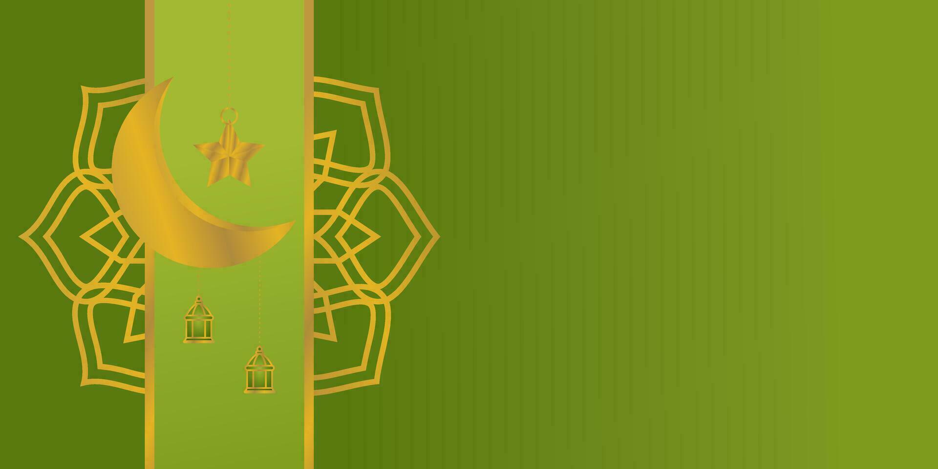 Grün islamisch Hintergrund, mit Mandala Ornamente, Mond, Sterne und Laternen. kostenlos Kopieren Raum Bereich. Vektor Vorlage zum Banner, Gruß Karte zum islamisch Feiertage, eid al-fitr, Ramadan, eid al-adha